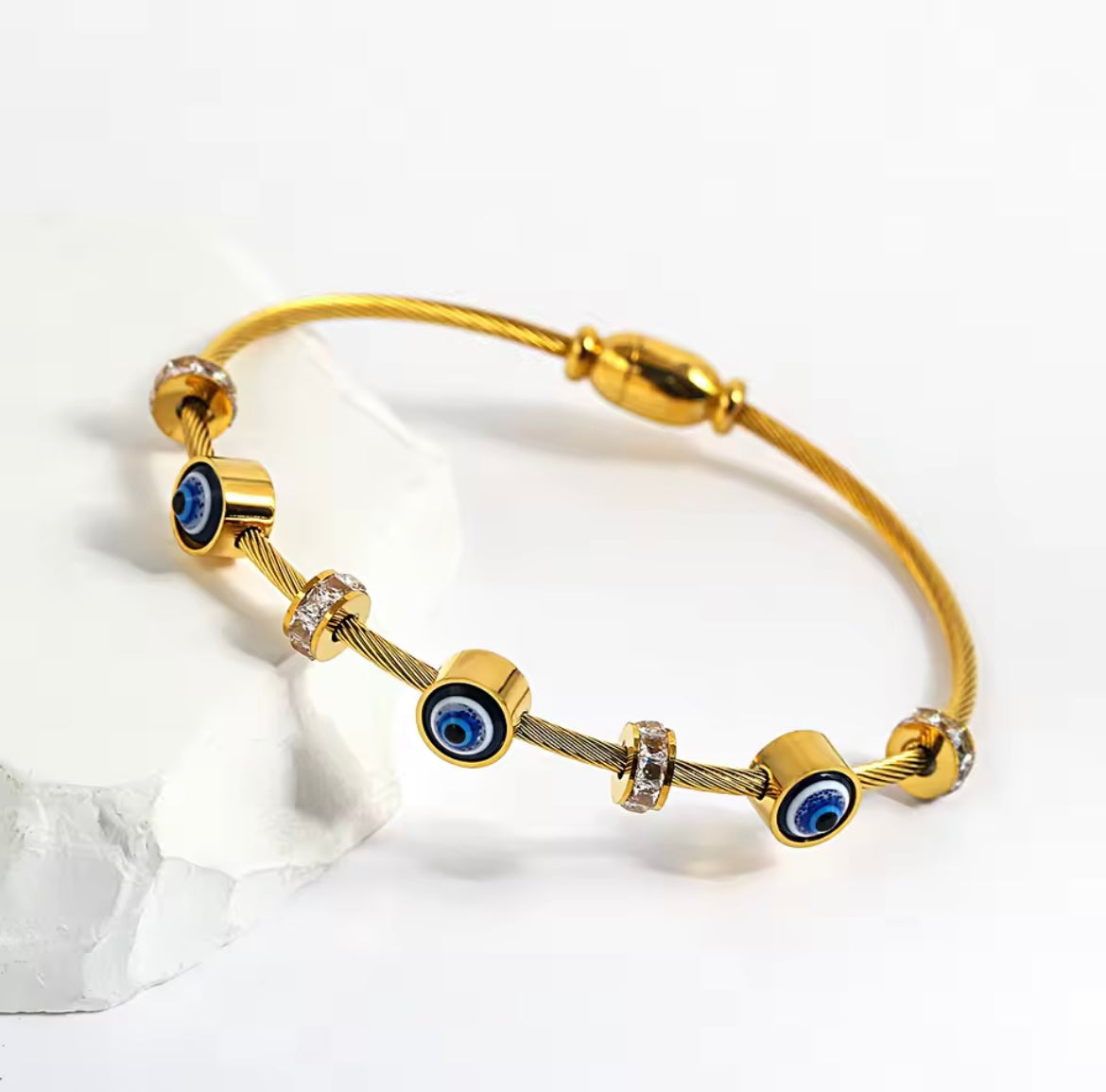 Never Fades - Water Resistant - 18k Evil Eye Bracelet - Gold Cuff Bracelet
