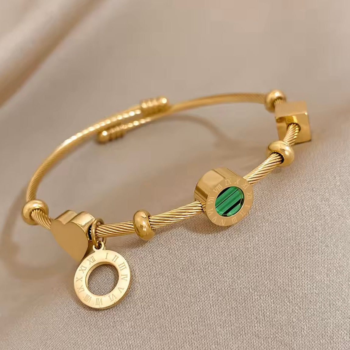 Never Fades - Water Resistant - 18K Gold Plated Malachite Roman Letters Charm Bracelet
