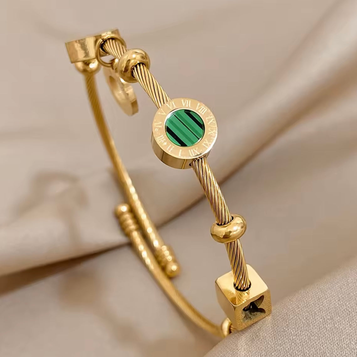 Never Fades - Water Resistant - 18K Gold Plated Malachite Roman Letters Charm Bracelet