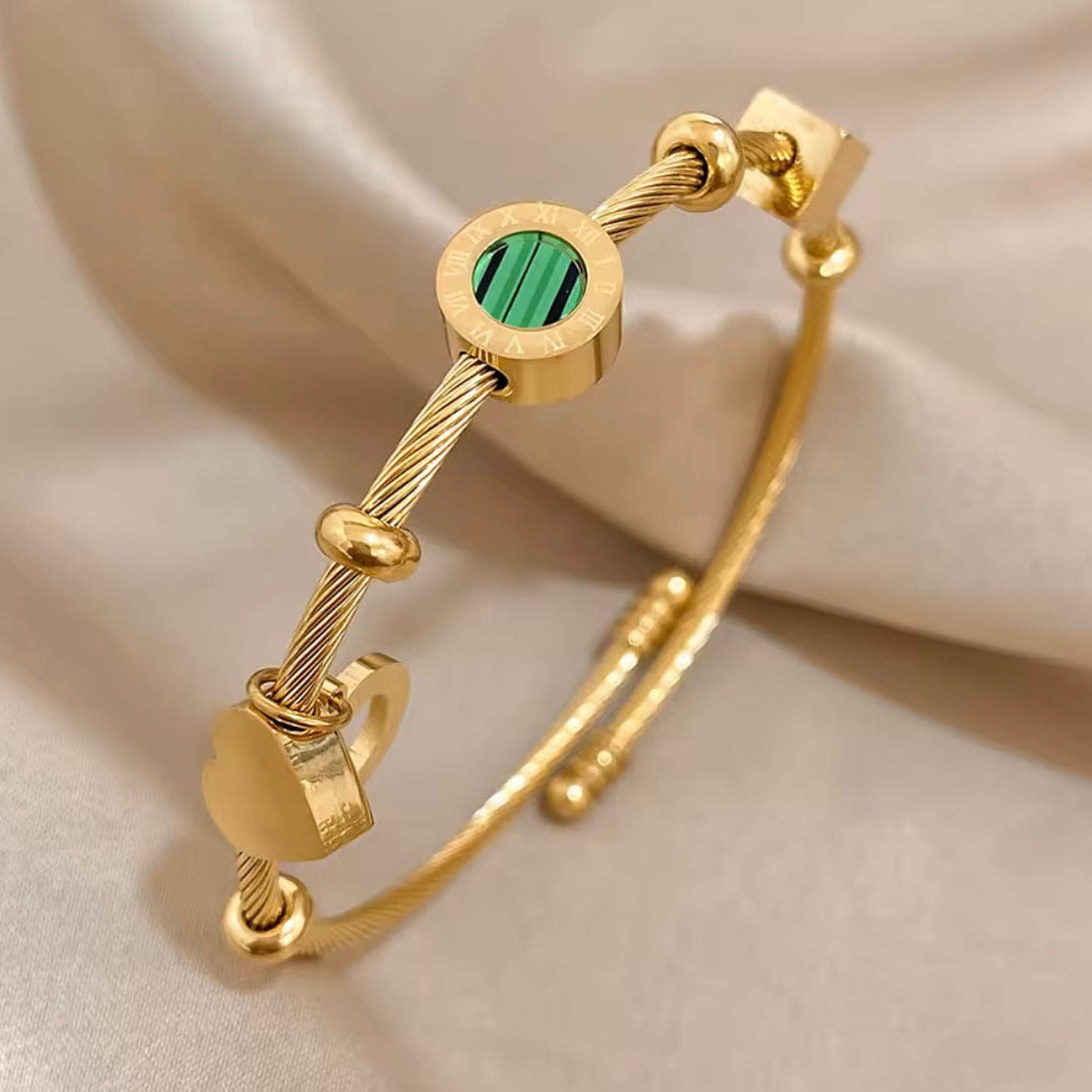 Never Fades - Water Resistant - 18K Gold Plated Malachite Roman Letters Charm Bracelet