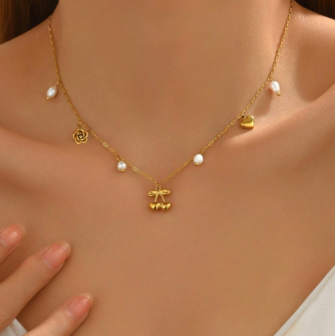 Never Fades - Water Resistant - 18K Gold Plated Gold Cherry & Pearl Charm Necklace