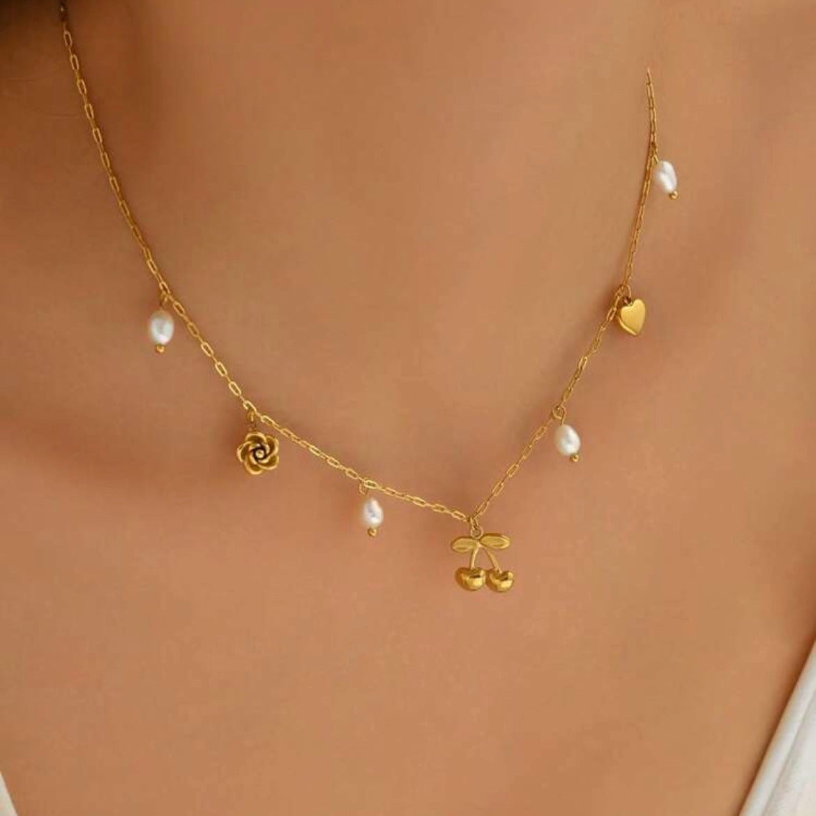 Never Fades - Water Resistant - 18K Gold Plated Gold Cherry & Pearl Charm Necklace