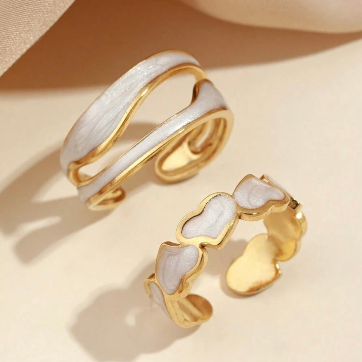 Minimalist White Oil Drop Open Rings – Adjustable, Water-Resistant Stainless Steel Set