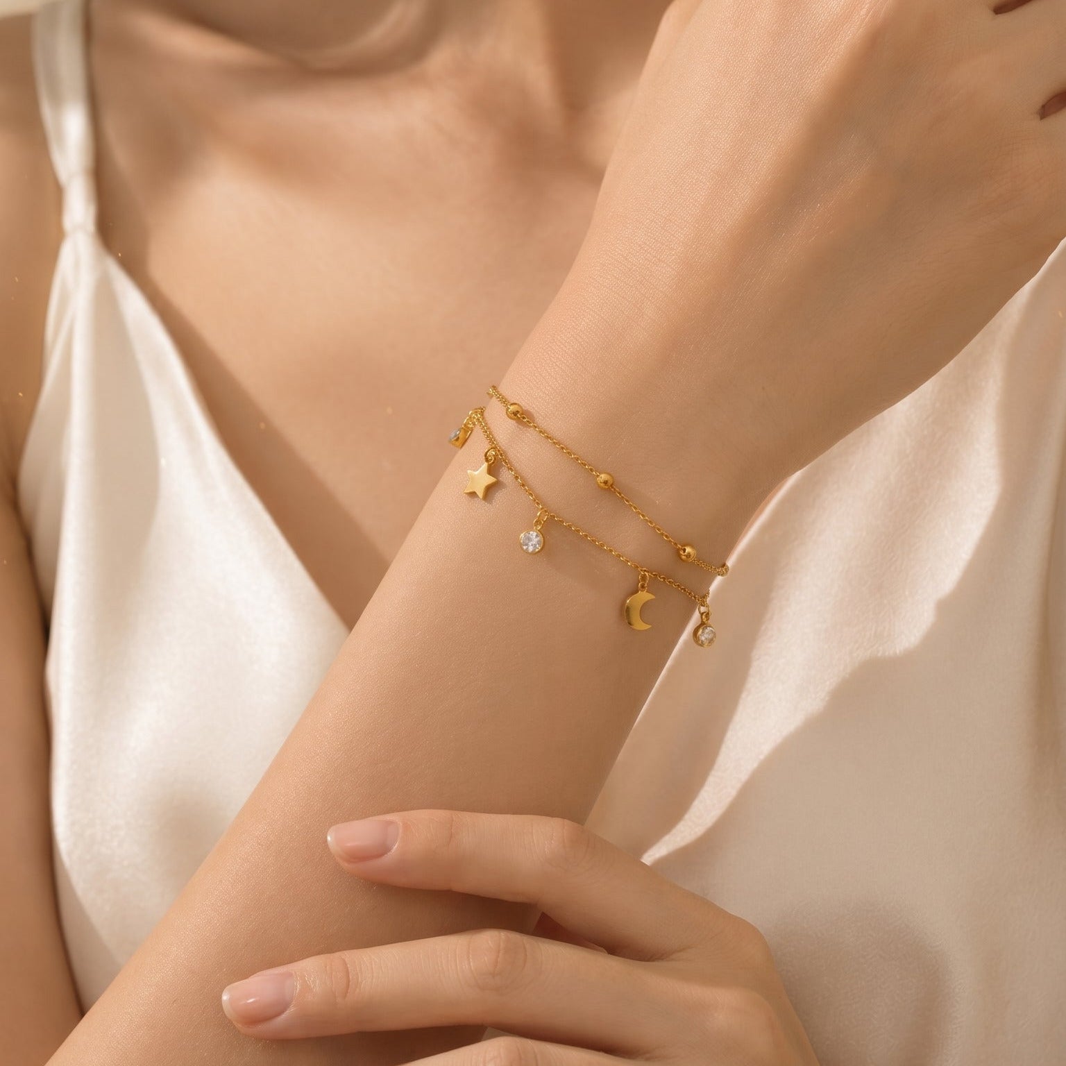 Gold Star & Moon Charm Bracelet - Dainty Double Layer Chain Bracelet - Minimalist Celestial Jewelry Gift