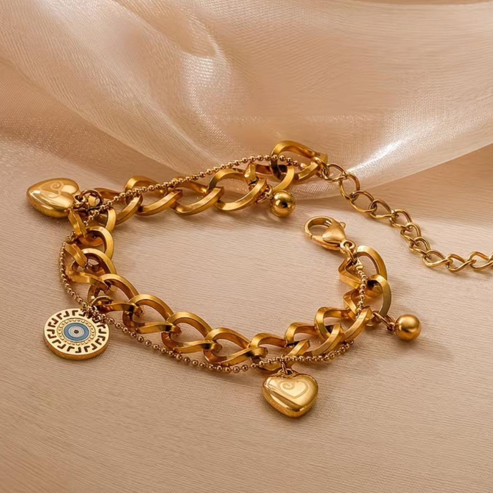 Never Fade - Water Resistant - 18K Gold Plated Evil Eye Charm Bracelet, Double Chain Heart Bracelet