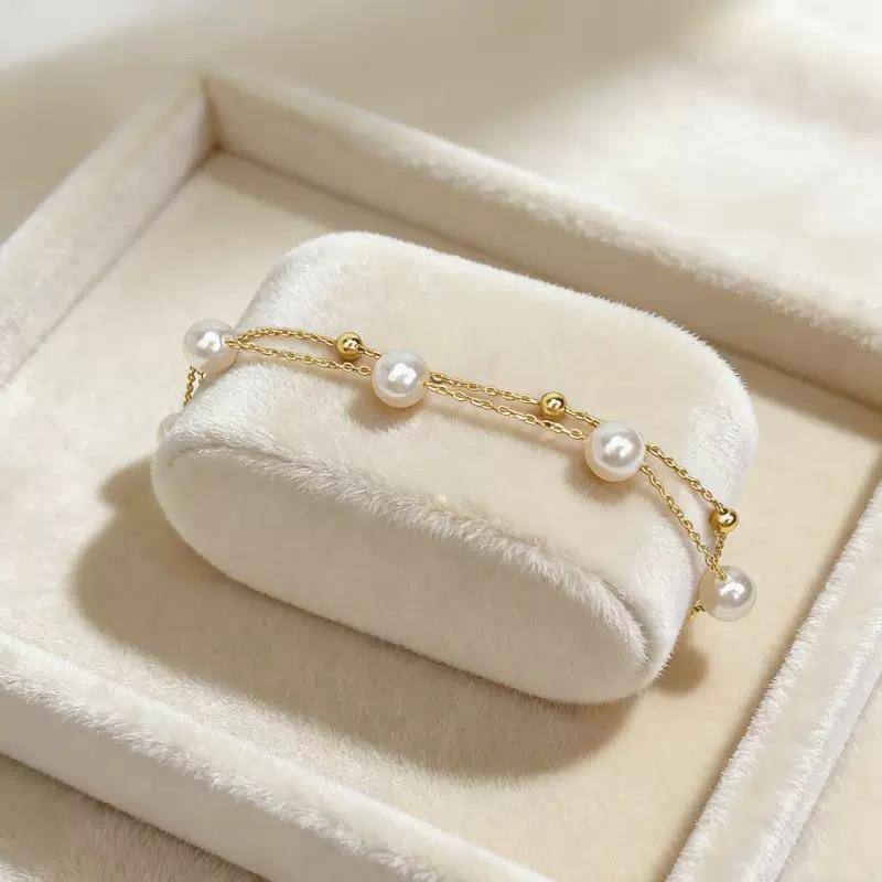 Never Fade - Water Resistant - 18k Gold Plated Double Chain Bracelet with Pearls - Minimalist Everyday Jewelry