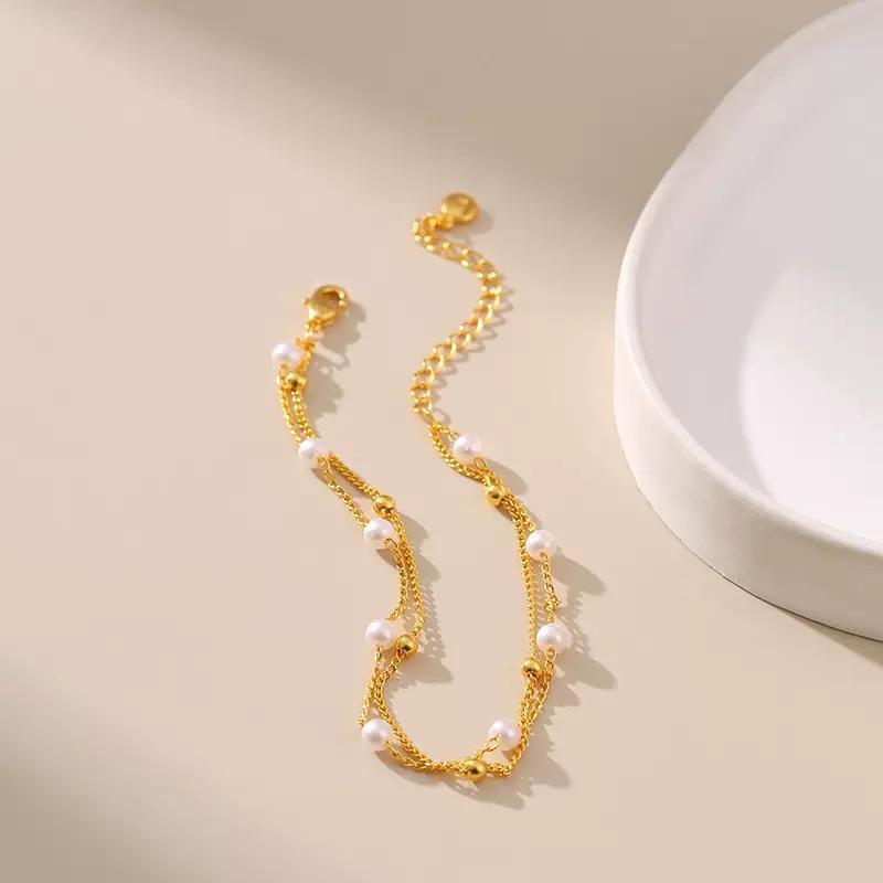Never Fade - Water Resistant - 18k Gold Plated Double Chain Bracelet with Pearls - Minimalist Everyday Jewelry