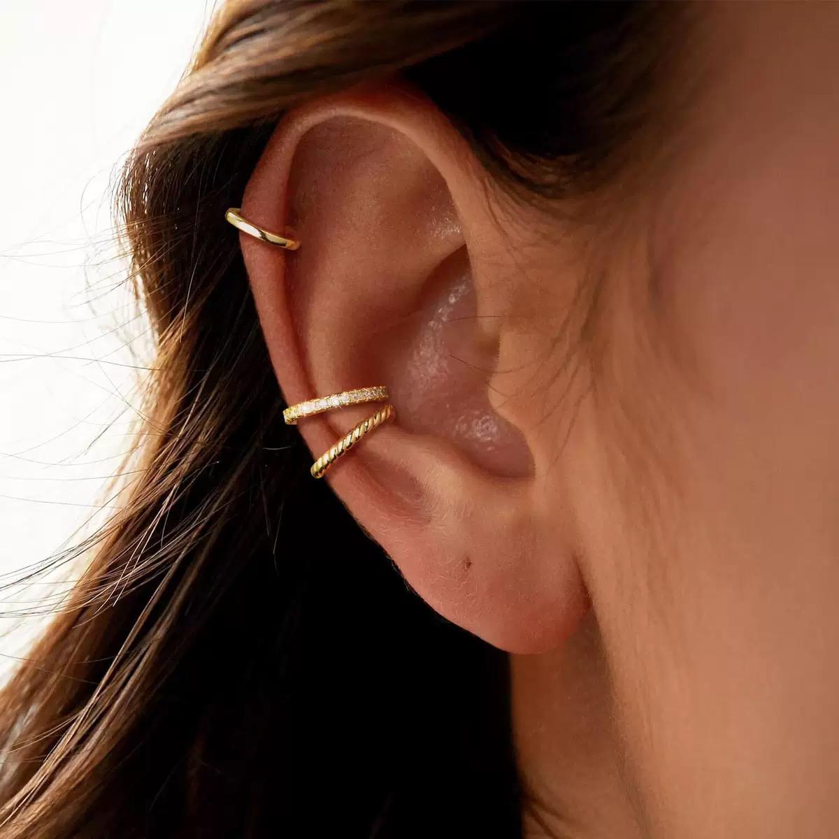 3-Piece Gold Plated Sterling Silver Ear Cuff Set • No Piercing Cartilage Earrings