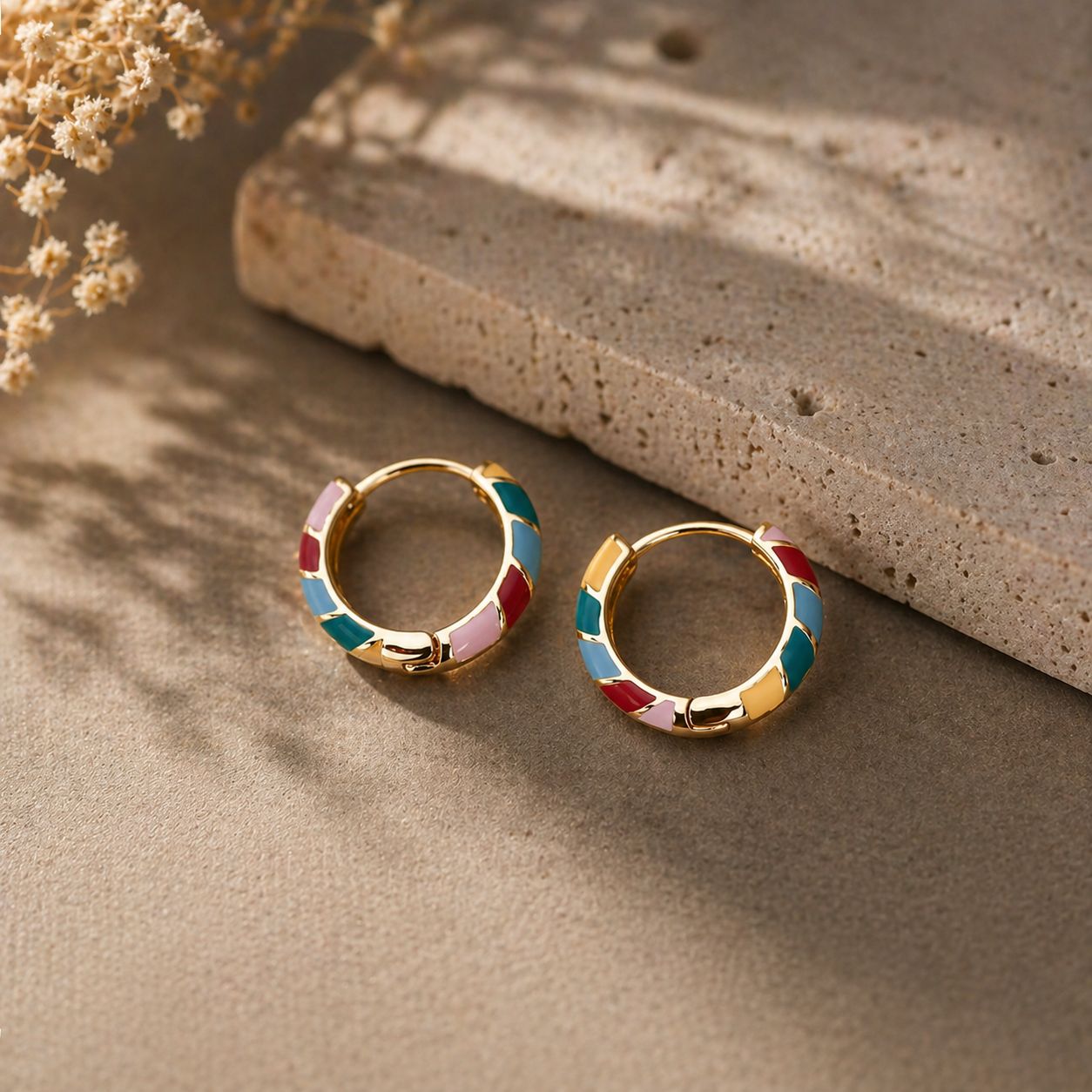 18K Gold Plated Enamel Hoop Earrings • Sterling Silver Huggie, Everyday Jewelry