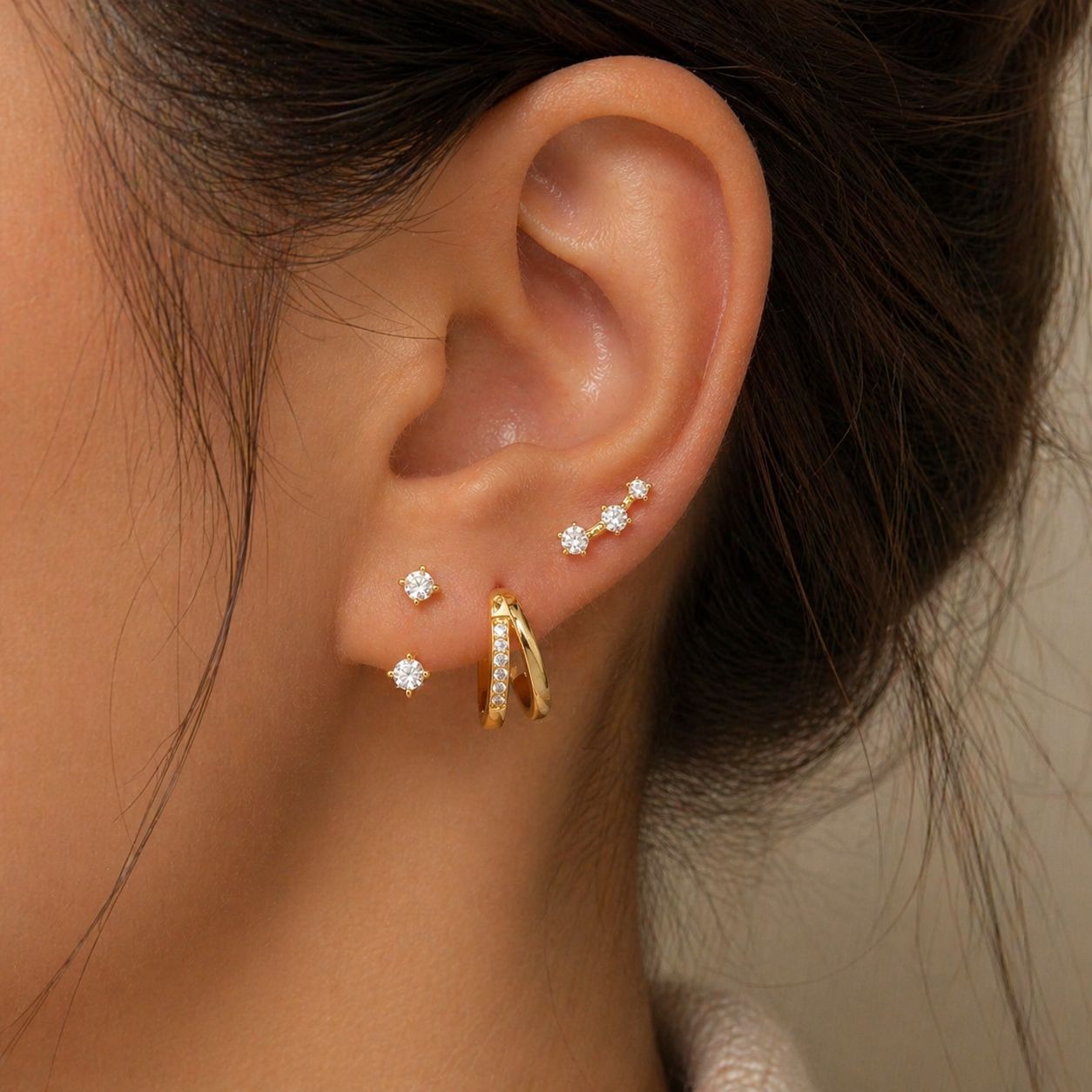 6pcs Gold Hoop & Diamond Stud Earrings Set – Multi Piercing Ear Stack Jewelry