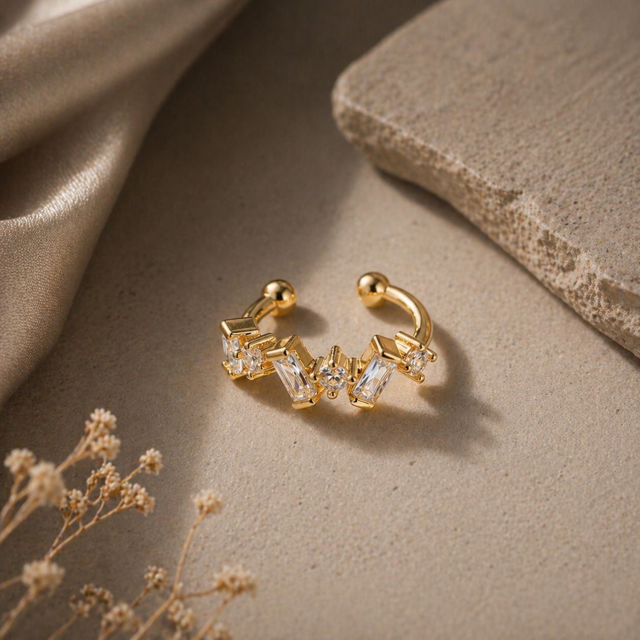 18k Gold Plated Crystal Ear Cuff • No Piercing Fake Cartilage Earrings