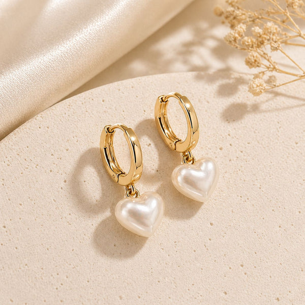 18K Gold Plated Minimalist White Heart Charm Hoops Earrings - Everyday jewelry