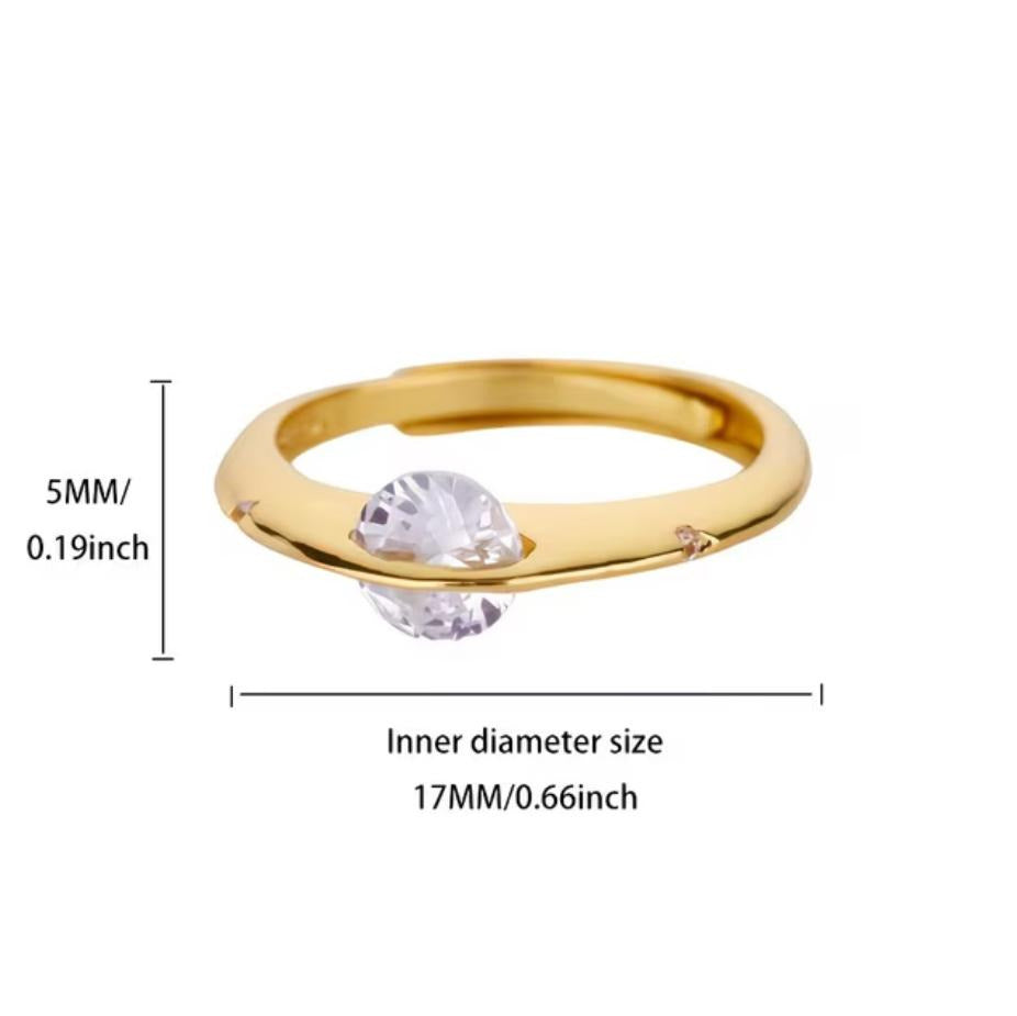Dainty 18K Gold-plated Open Band Ring with Round stone • Minimalist Crystal Ring