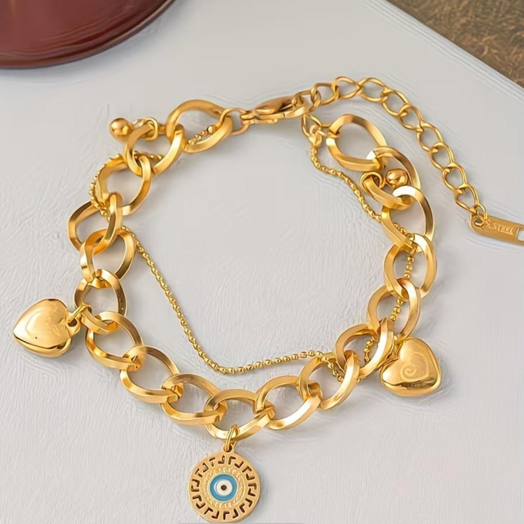 Never Fade - Water Resistant - 18K Gold Plated Evil Eye Charm Bracelet, Double Chain Heart Bracelet