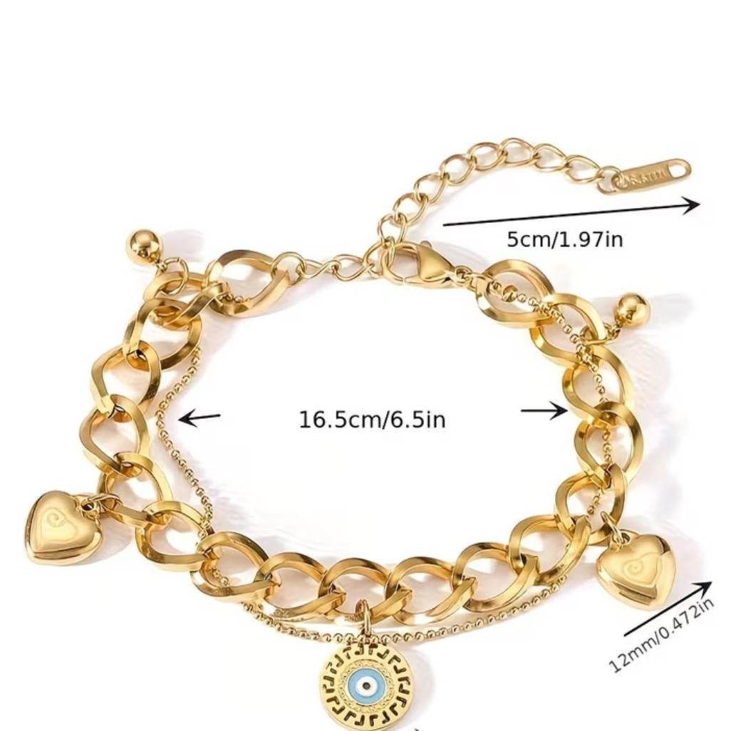 Never Fade - Water Resistant - 18K Gold Plated Evil Eye Charm Bracelet, Double Chain Heart Bracelet