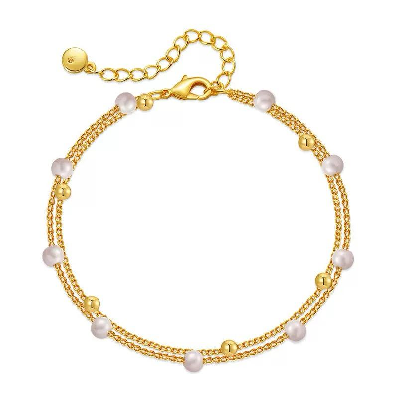 Never Fade - Water Resistant - 18k Gold Plated Double Chain Bracelet with Pearls - Minimalist Everyday Jewelry