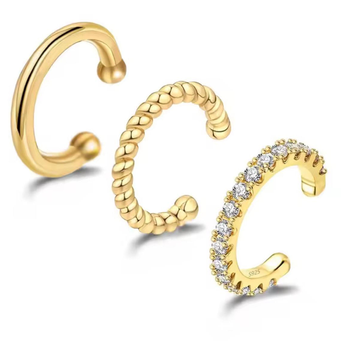 3-Piece Gold Plated Sterling Silver Ear Cuff Set • No Piercing Cartilage Earrings