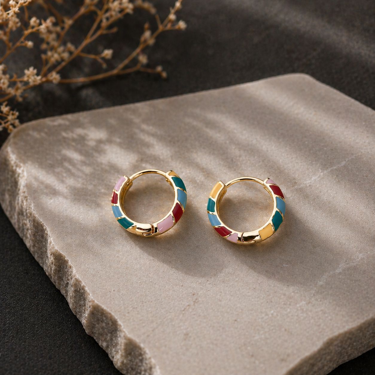 18K Gold Plated Enamel Hoop Earrings • Sterling Silver Huggie, Everyday Jewelry