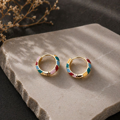 18K Gold Plated Enamel Hoop Earrings • Sterling Silver Huggie, Everyday Jewelry