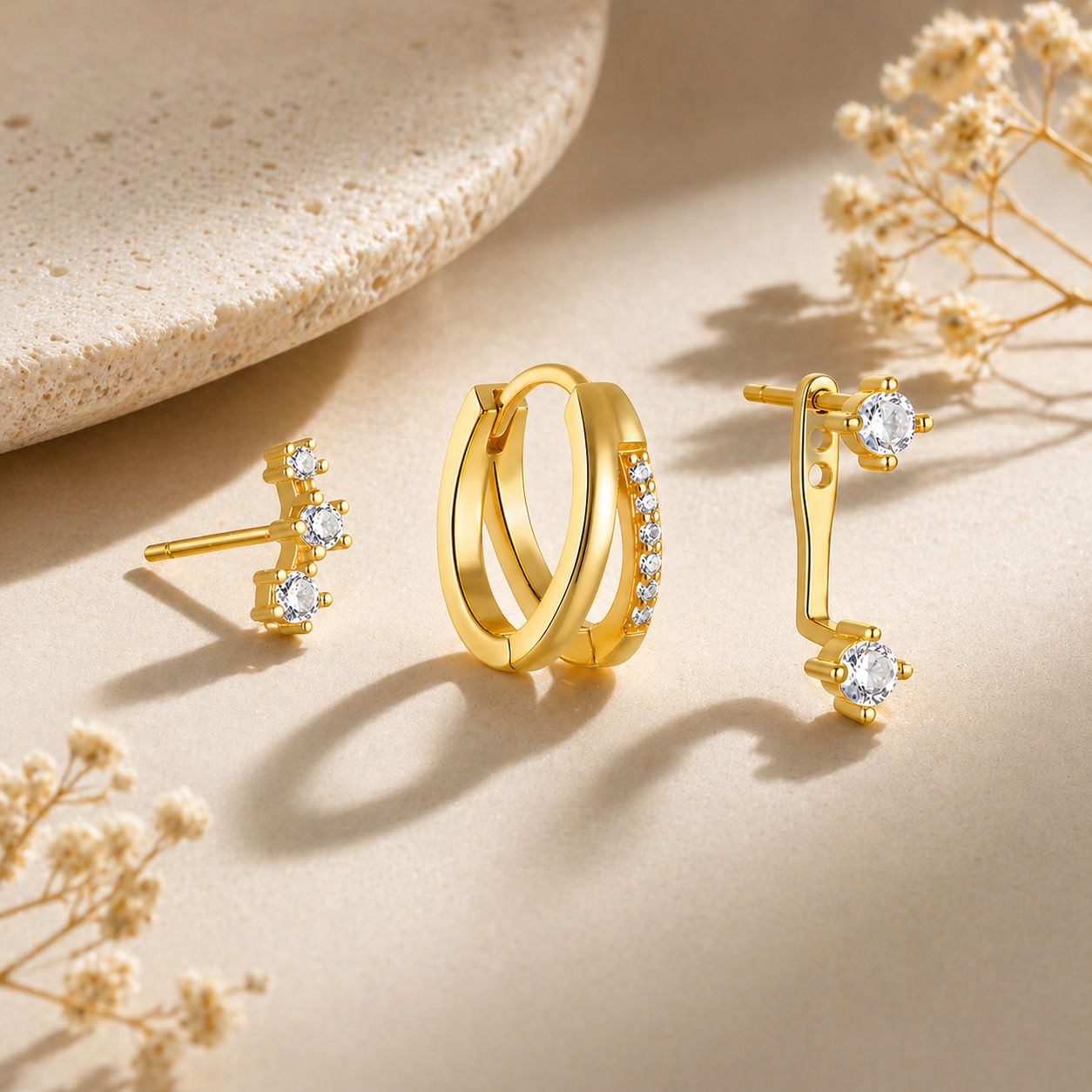 6pcs Gold Hoop & Diamond Stud Earrings Set – Multi Piercing Ear Stack Jewelry