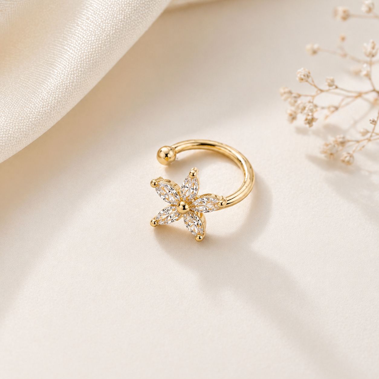 18K Gold Flower Ear Cuff • No Piercing • fake helix piercing