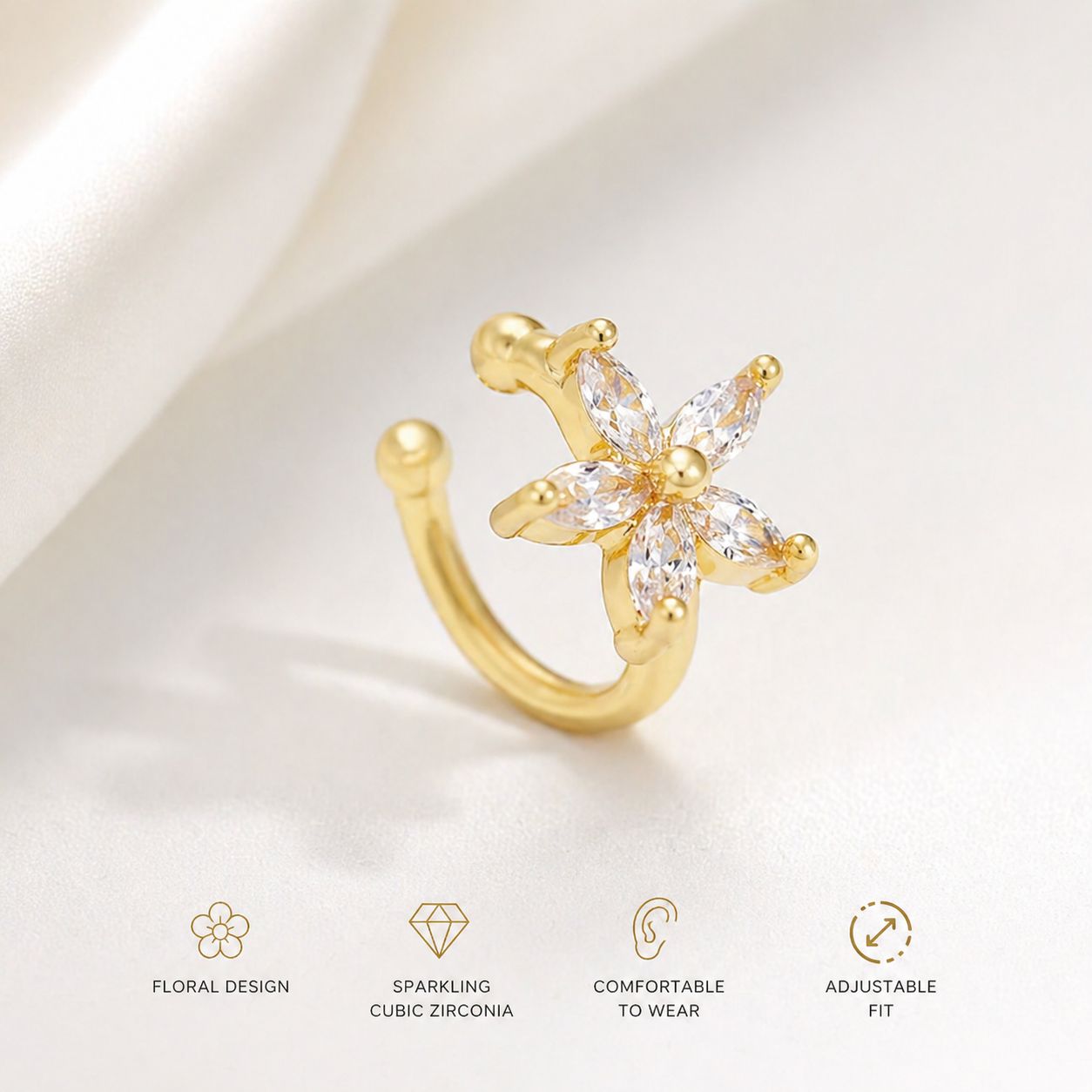 18K Gold Flower Ear Cuff • No Piercing • fake helix piercing