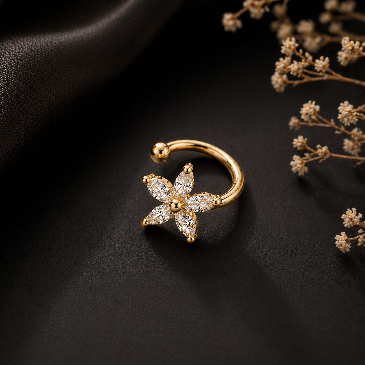 18K Gold Flower Ear Cuff • No Piercing • fake helix piercing