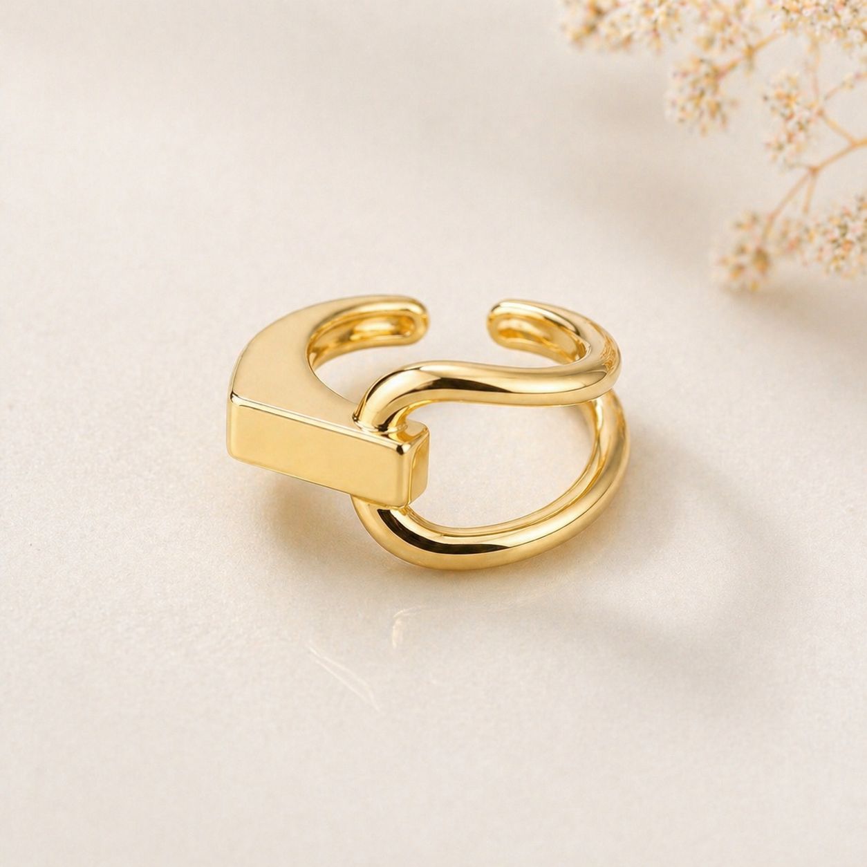 18k Gold Plated Sterling Silver Geometric Open Ring – Adjustable Statement Band
