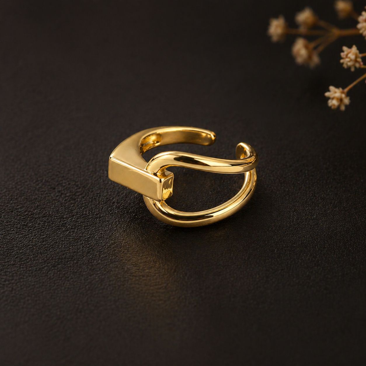 18k Gold Plated Sterling Silver Geometric Open Ring – Adjustable Statement Band