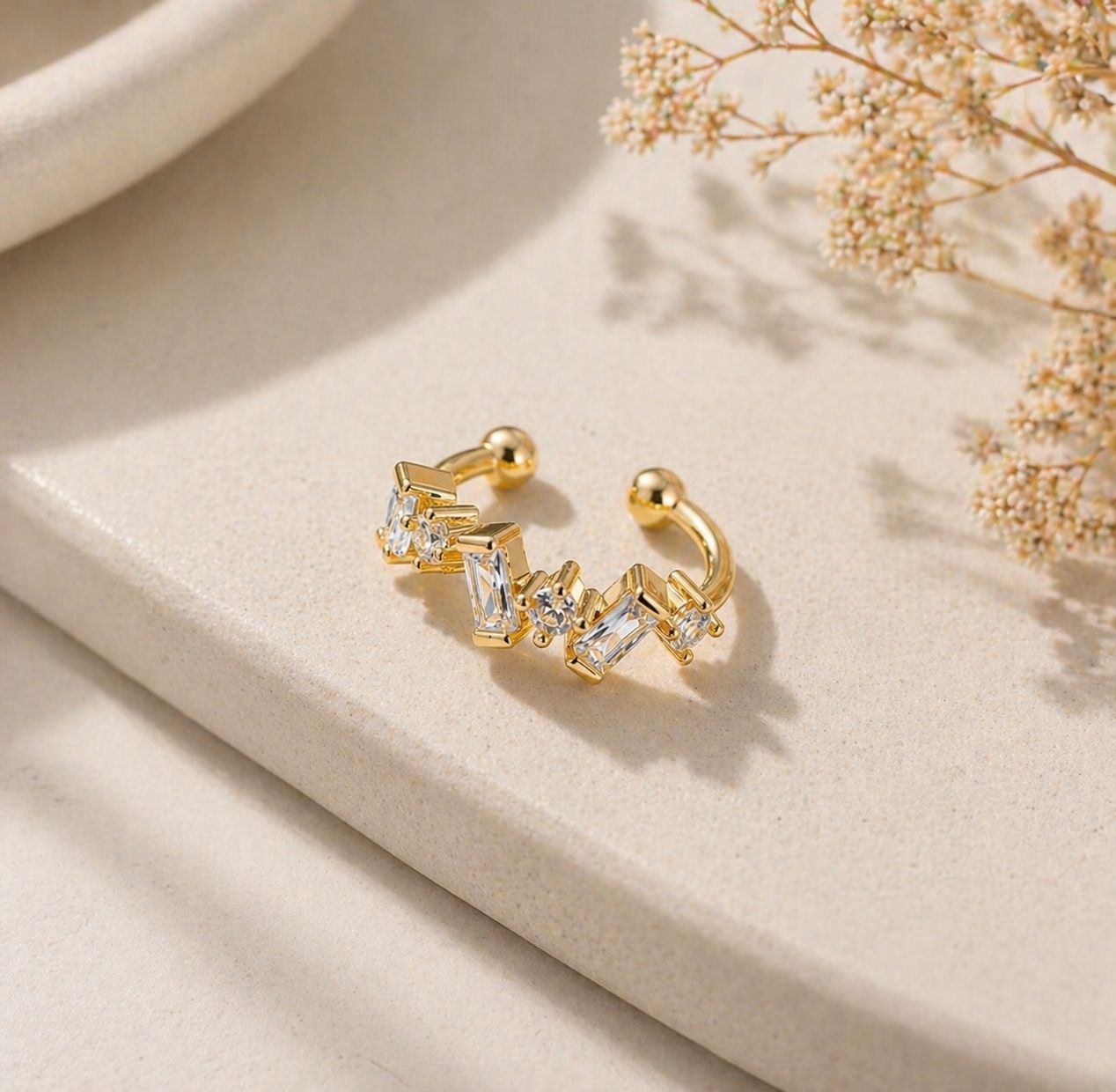 18k Gold Plated Crystal Ear Cuff • No Piercing Fake Cartilage Earrings
