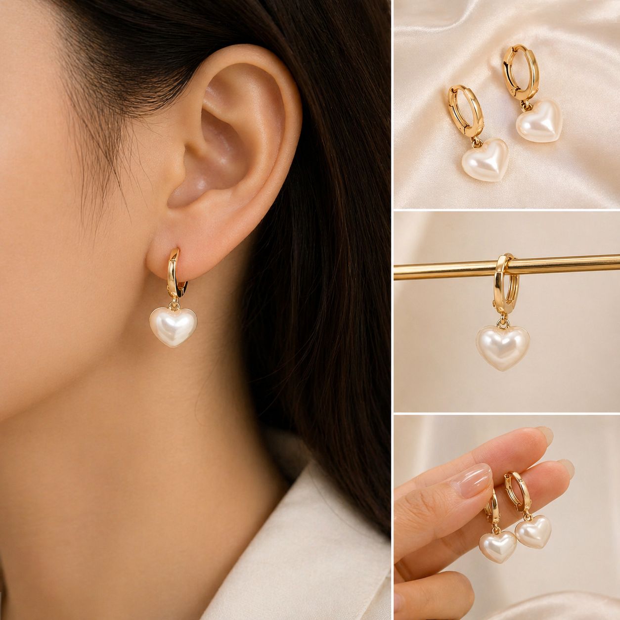 18K Gold Plated Minimalist White Heart Charm Hoops Earrings - Everyday jewelry