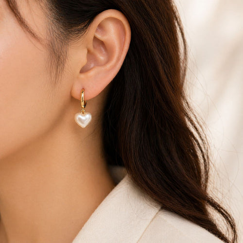 18K Gold Plated Minimalist White Heart Charm Hoops Earrings - Everyday jewelry