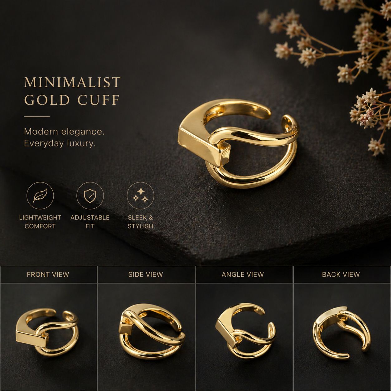 18k Gold Plated Sterling Silver Geometric Open Ring – Adjustable Statement Band