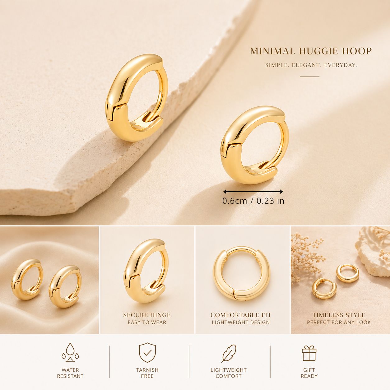 18K Gold Plated Small Hoop Earrings – Water Resistant Sterling Silver Everyday Jewelry