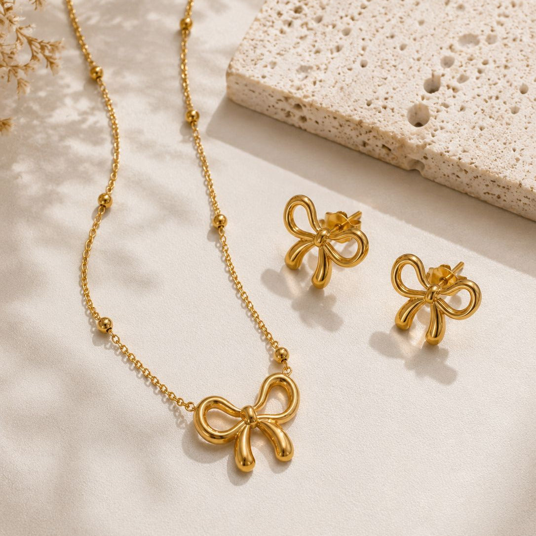 18k Gold-Plated Bow Necklace and Earrings Set – Minimalist Dainty Coquette Jewelry