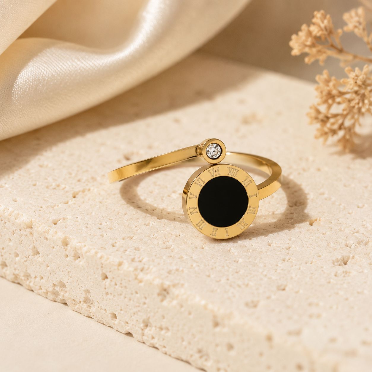 18k Gold Plated Roman Numerals Open Ring – Adjustable Statement Ring