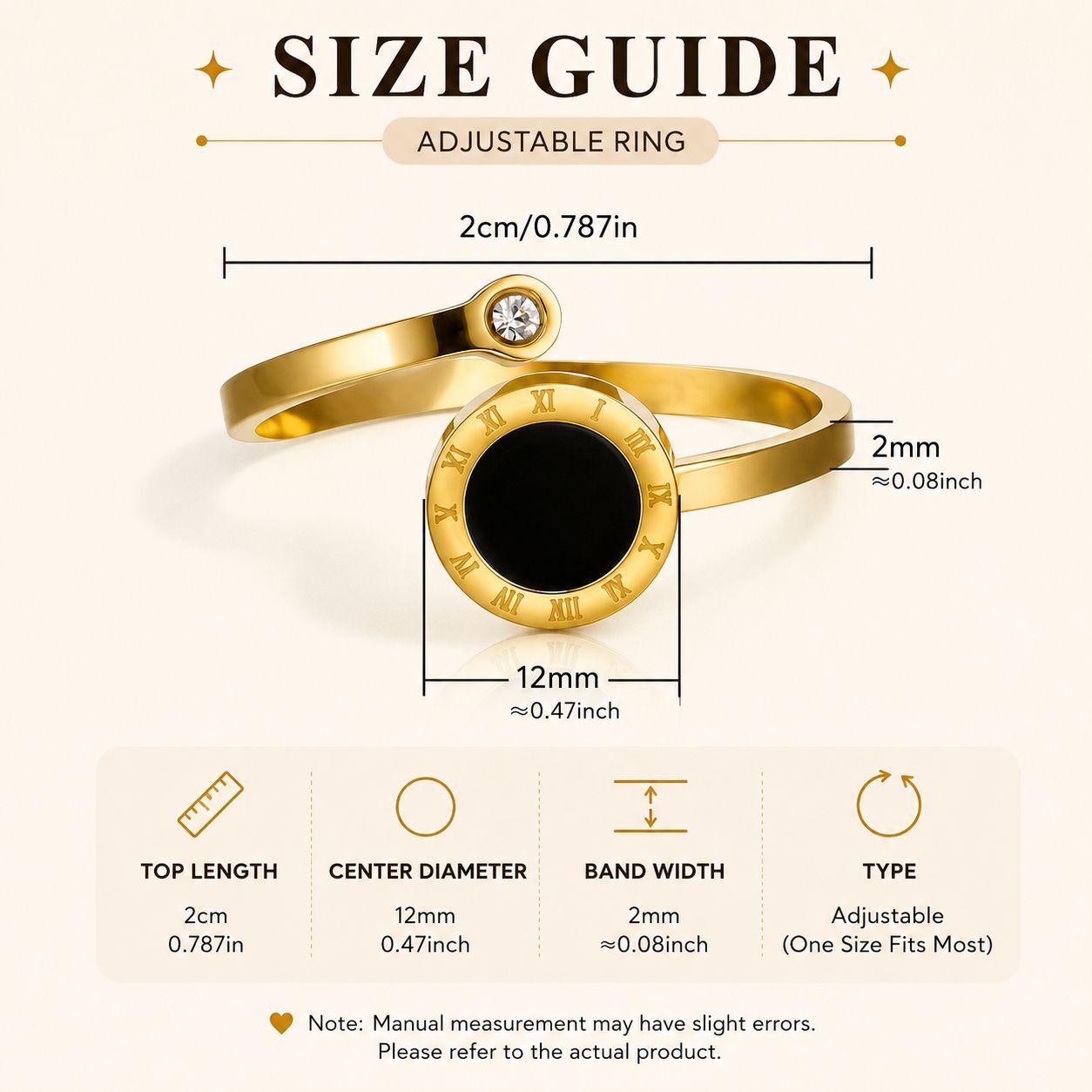 18k Gold Plated Roman Numerals Open Ring – Adjustable Statement Ring