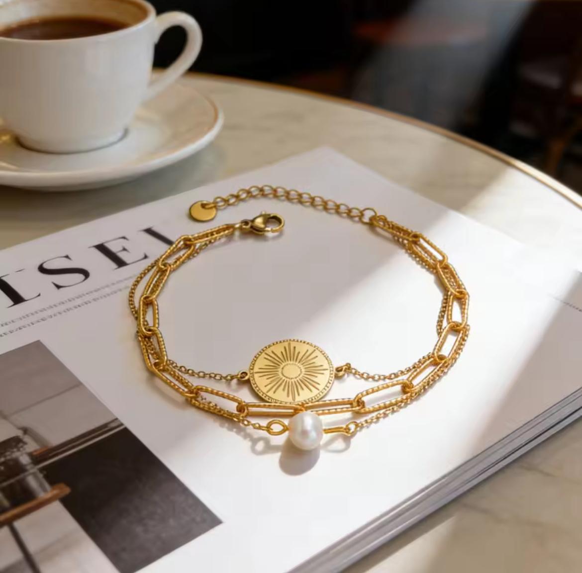 Never Fades - Water Resistant - 18k Gold Plated Round & Faux Pearl Layered Bracelet