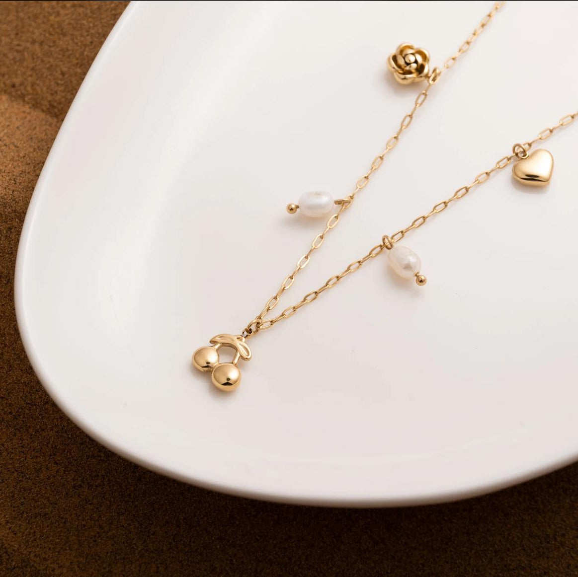 Never Fades - Water Resistant - 18K Gold Plated Gold Cherry & Pearl Charm Necklace
