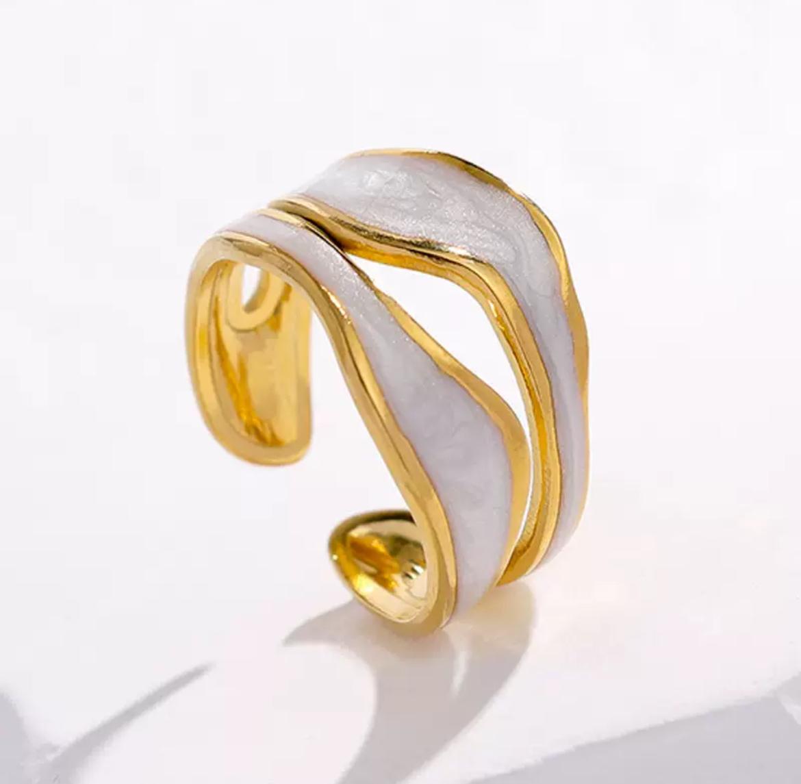 Minimalist White Oil Drop Open Rings – Adjustable, Water-Resistant Stainless Steel Set