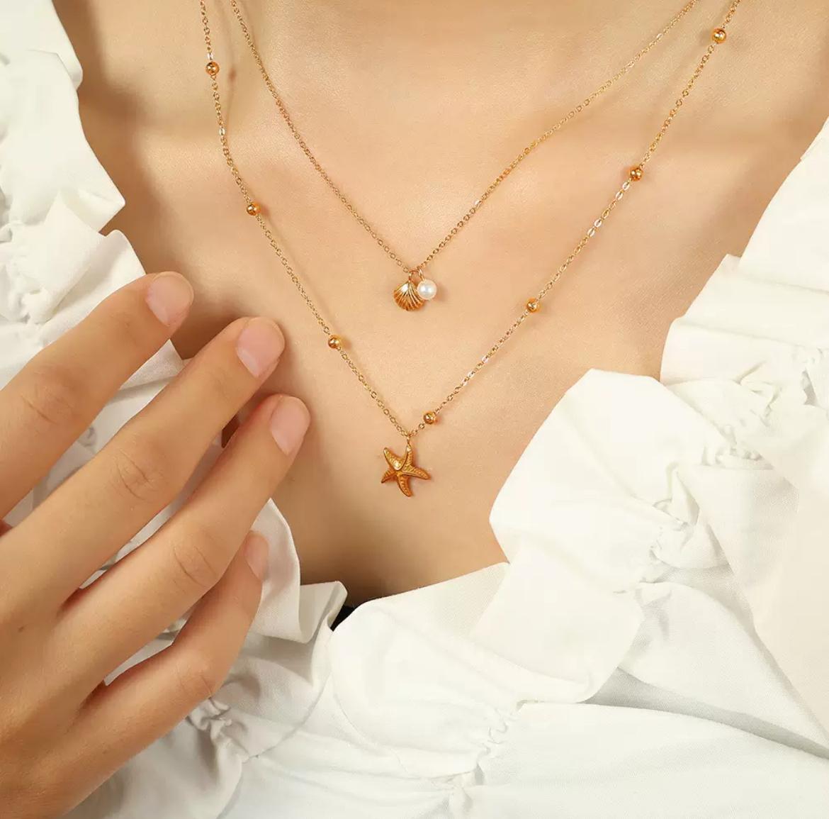 18k Gold Plated Starfish & Shell Layered Necklace - Beach Jewelry