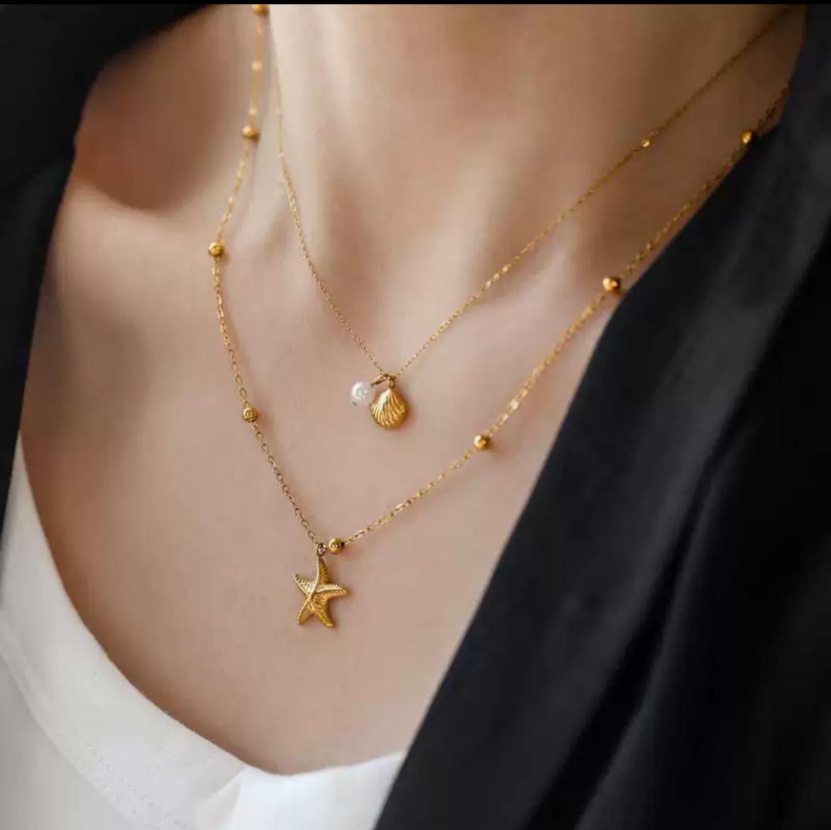18k Gold Plated Starfish & Shell Layered Necklace - Beach Jewelry