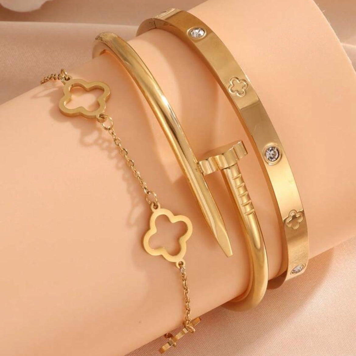 18K Gold Plated Bangle Set (3 Pieces) – Water Resistant, Tarnish-Free, Long-Lasting Shine