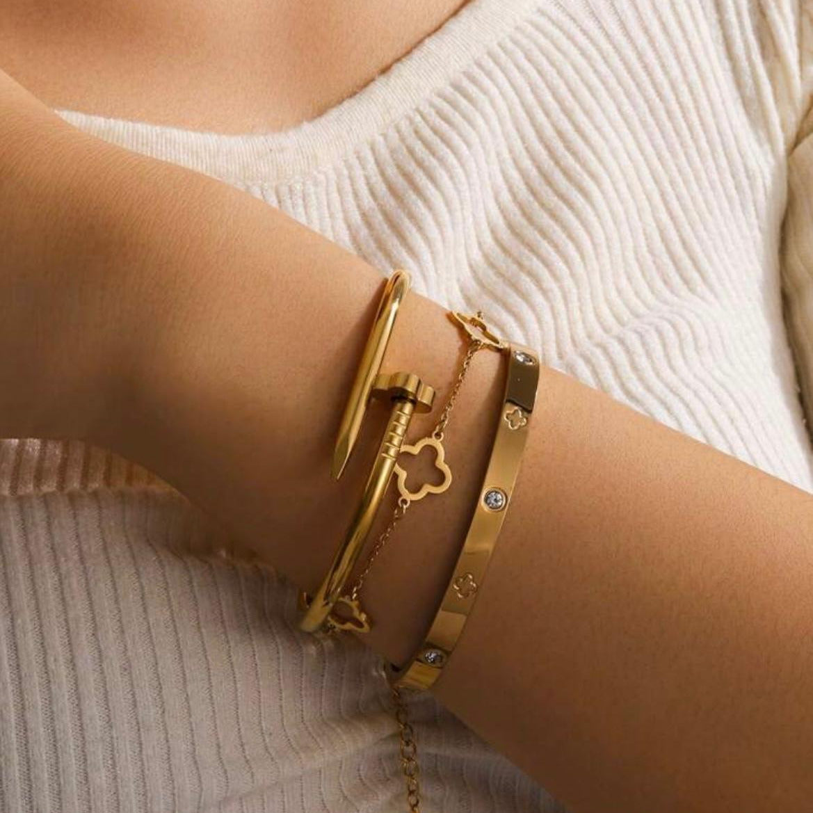 18K Gold Plated Bangle Set (3 Pieces) – Water Resistant, Tarnish-Free, Long-Lasting Shine