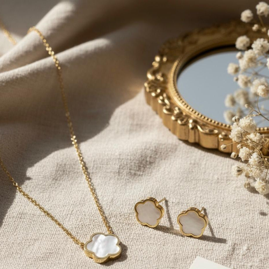 18k Gold Clover Earrings & Necklace Combo Set – Water Resistant Everyday Jewelry