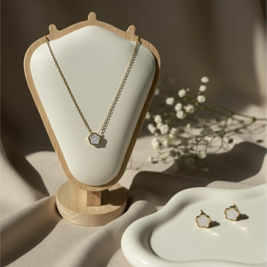 18k Gold Clover Earrings & Necklace Combo Set – Water Resistant Everyday Jewelry