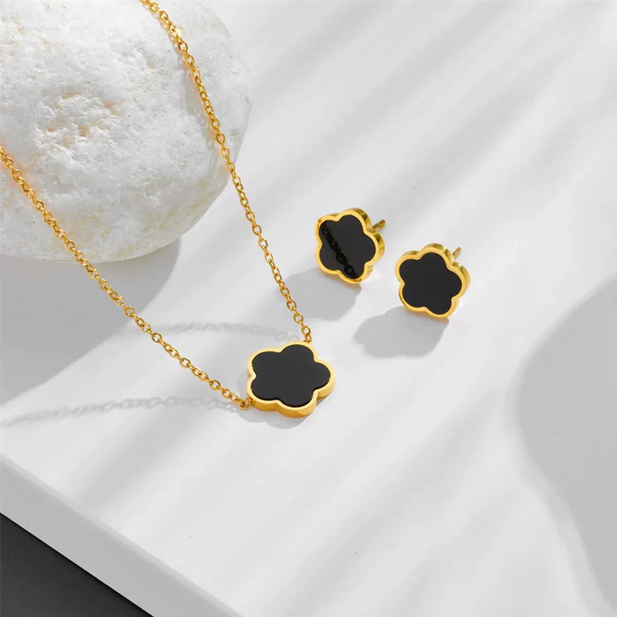 18k Gold Clover Earrings & Necklace Combo Set – Water Resistant Everyday Jewelry