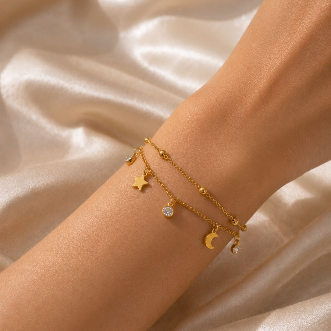 Gold Star & Moon Charm Bracelet - Dainty Double Layer Chain Bracelet - Minimalist Celestial Jewelry Gift