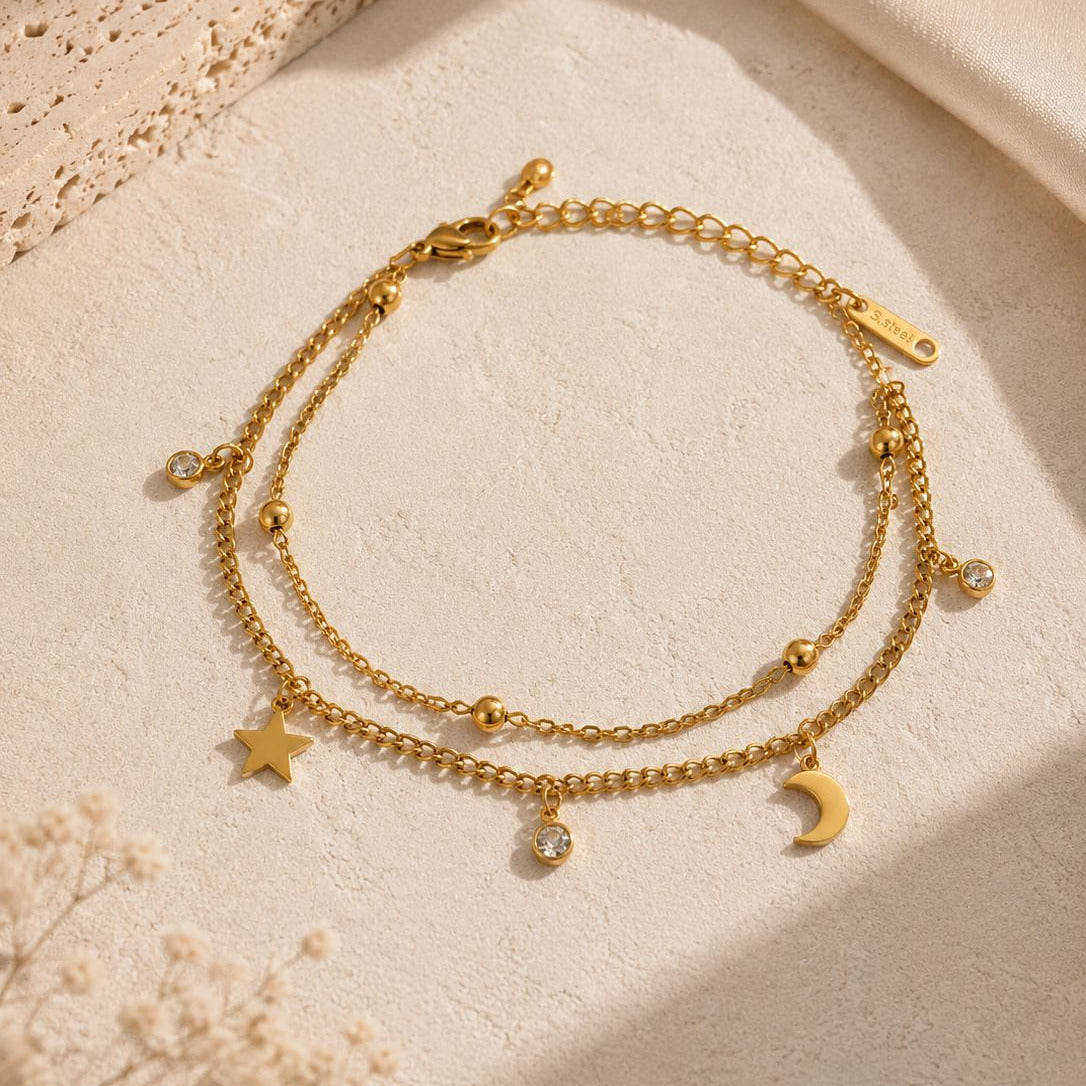 Gold Star & Moon Charm Bracelet - Dainty Double Layer Chain Bracelet - Minimalist Celestial Jewelry Gift